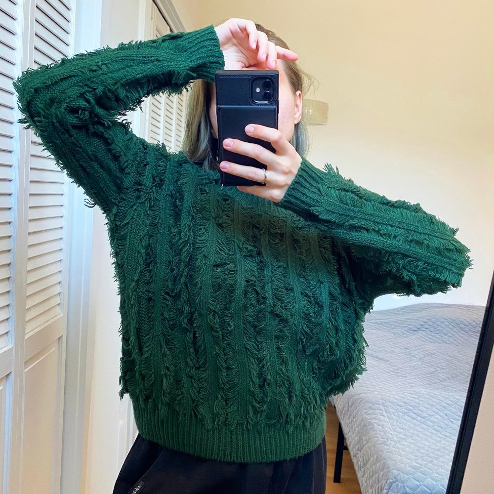 Deep forest green sweater, fluffy super soft Fashion Nova fringed knitted top